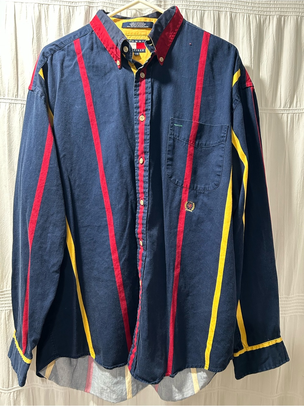 Vintage 90’s Tommy Hilfiger Navy Button-Down Shirt with Red and Yellow Stripes